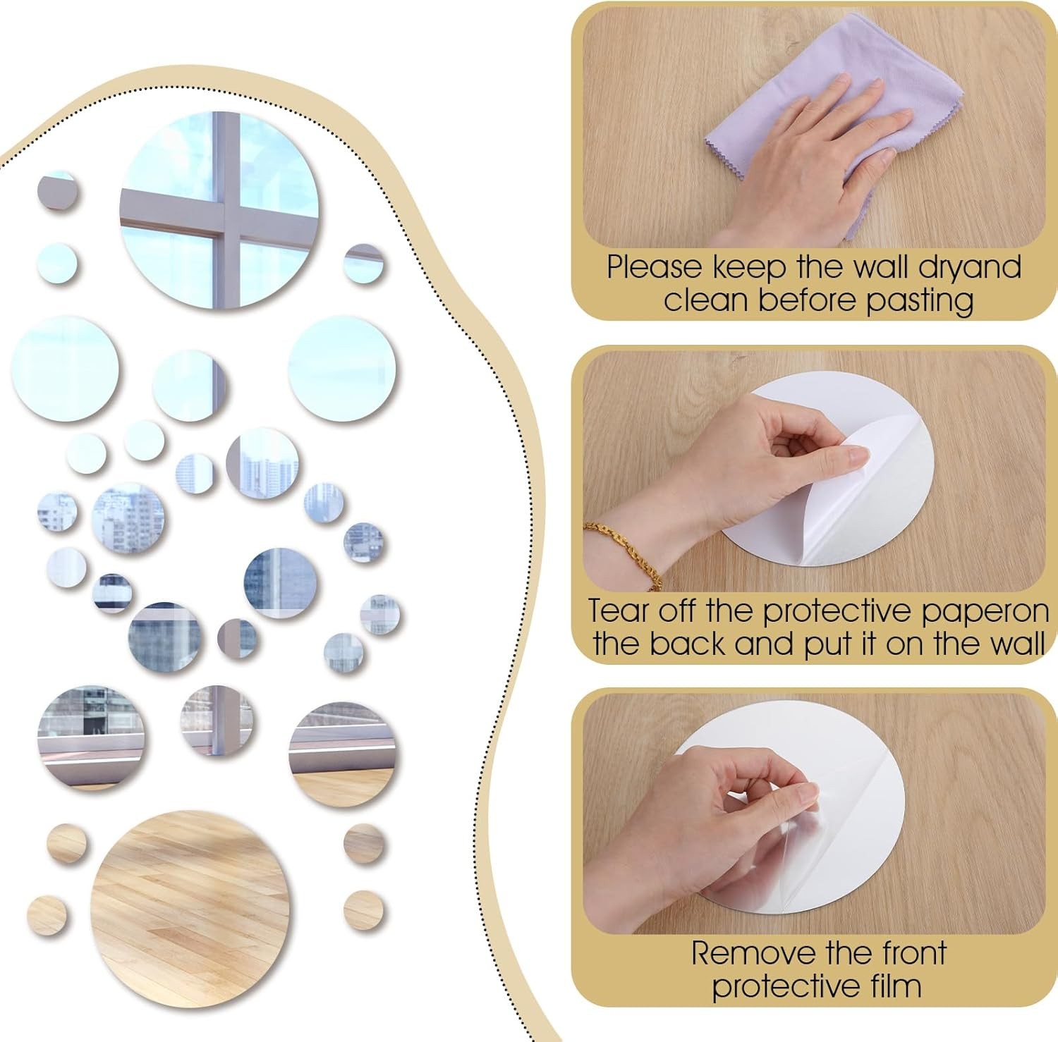 30 Pcs Round Mirror Tiles Self Adhesive Circle Wall Decor 4 Sizes