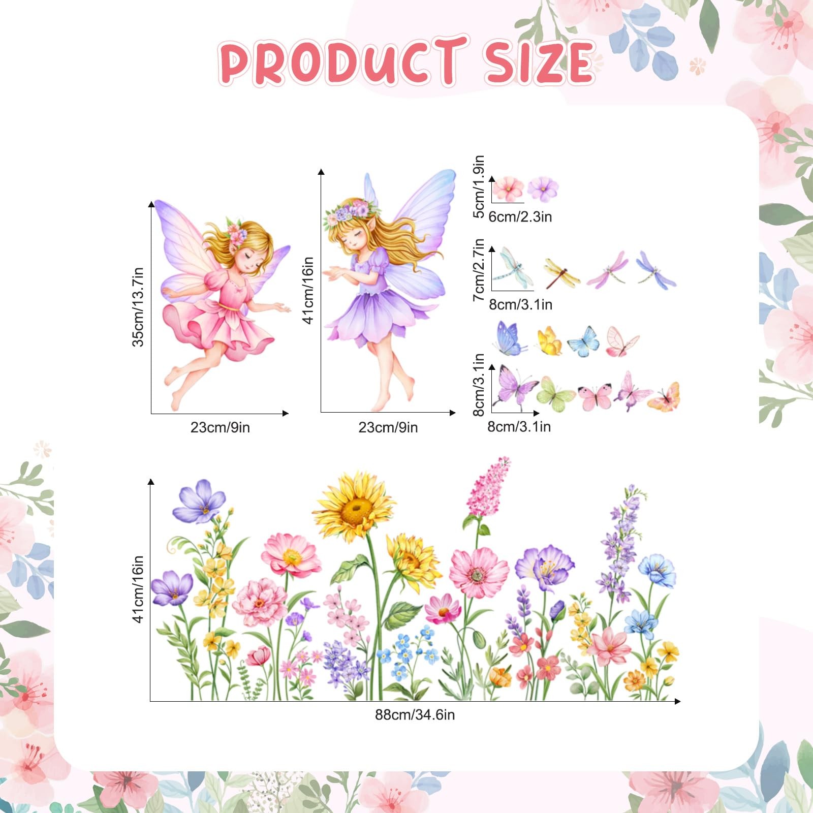 Flower Fairy Wall Decals Flying Elves Garden Floral Butterflies Wall Art Stic…