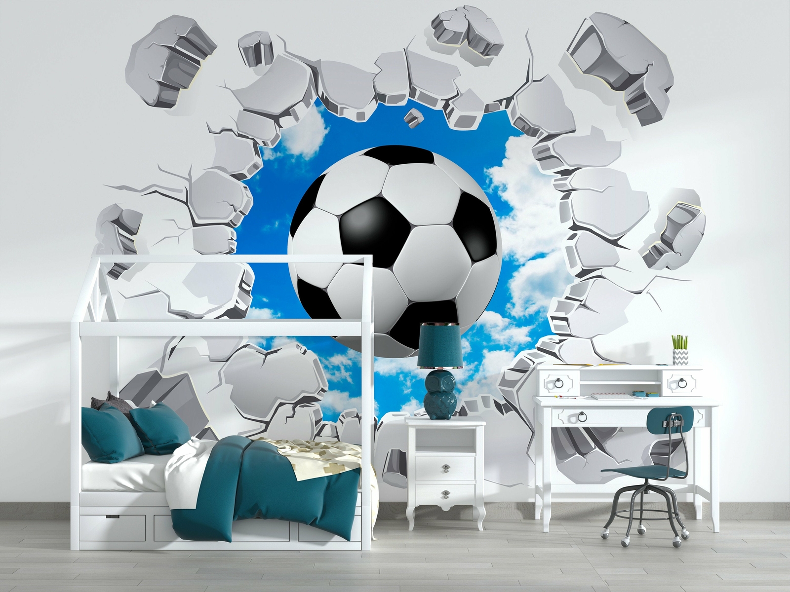 Soccer Ball Through A Brick Wall Wallpaper – Large Wall Mural – Self-adhesive