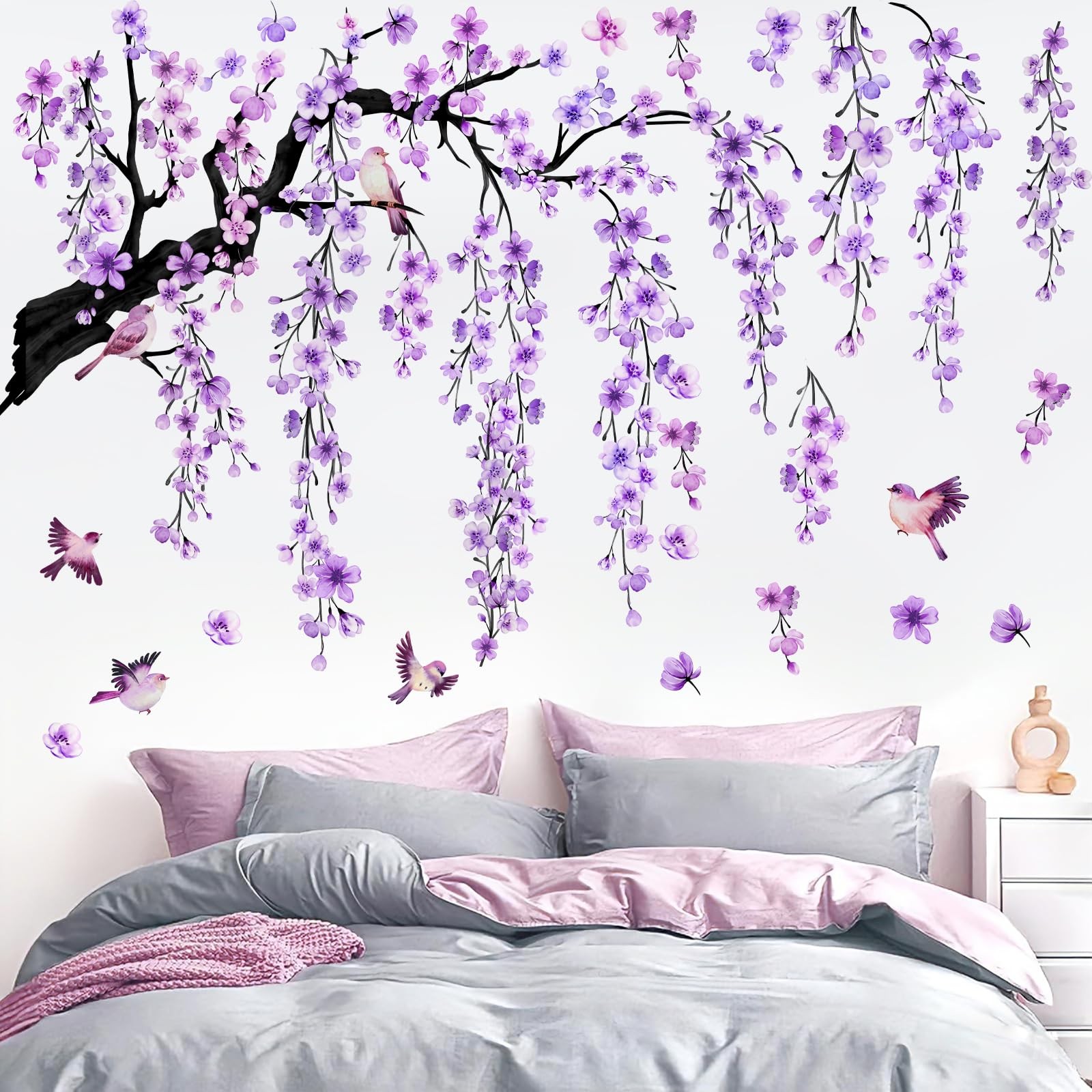 Purple Cherry Blossom Branch Wall Stickers Large Right-Extending Floral Bird …