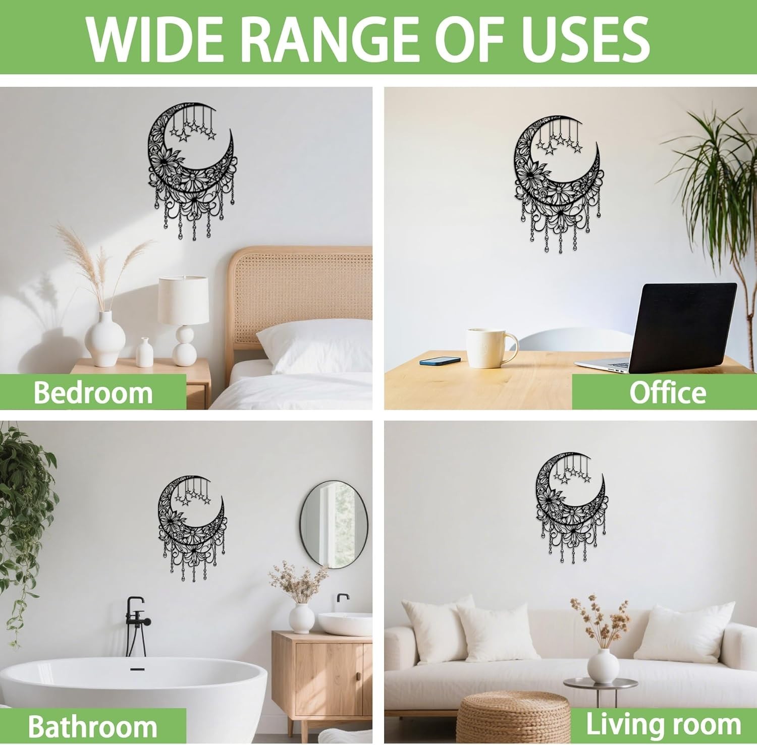 Black Metal Moon Wall Decor Boho Moon Phase Wall Art with Hanging Stars Flora…