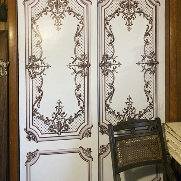 Classic Door Wrap Mural | White with Gold Curves | Single Piece, Self-adhesive