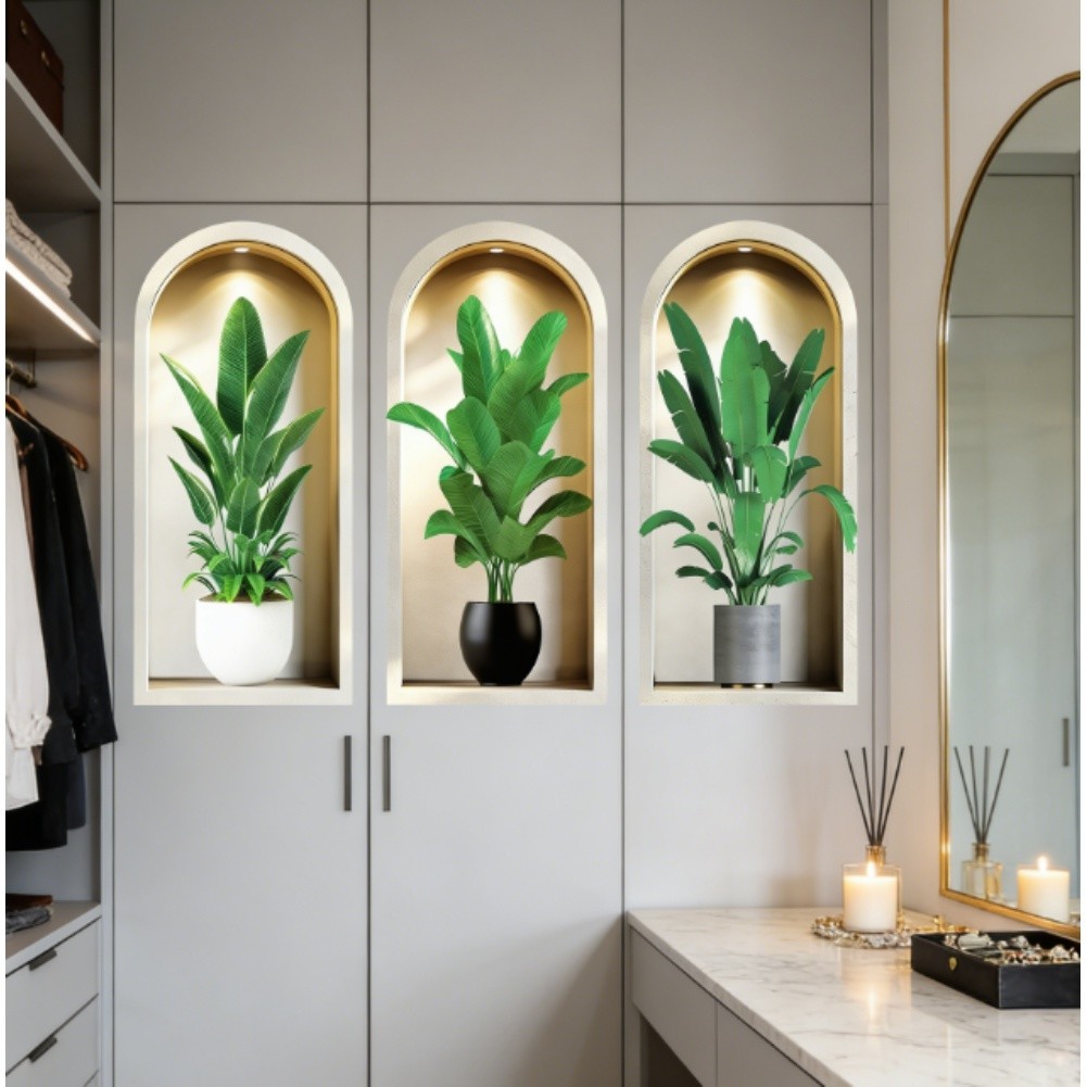 3PCS 3D Wall Stickers Plants Wall Stickers,Green Potted Plants Wall Stickers
