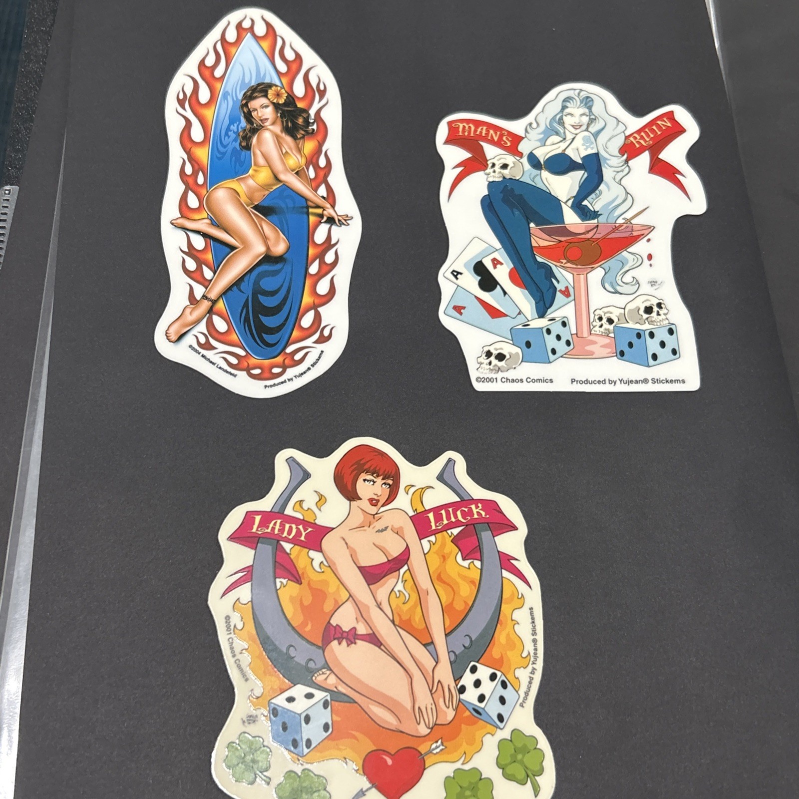 3 Yujean Lady Luck Horseshoe Pinup, Man’s Ruin, Surfer Bikini Girl Sticker New