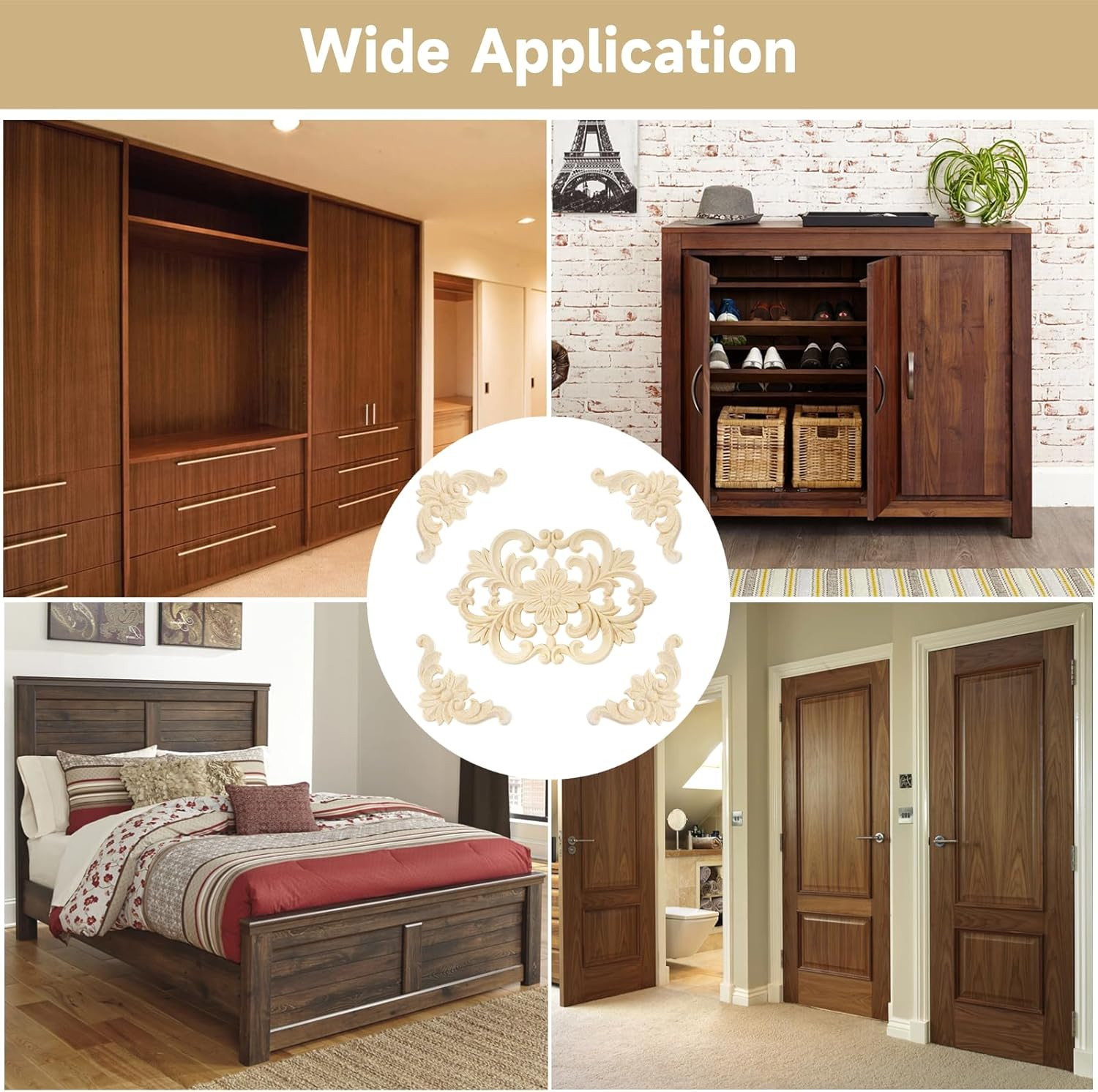 20 Pcs Wood Carved Appliques Onlays, Decorative Flower Decals for Furniture Door