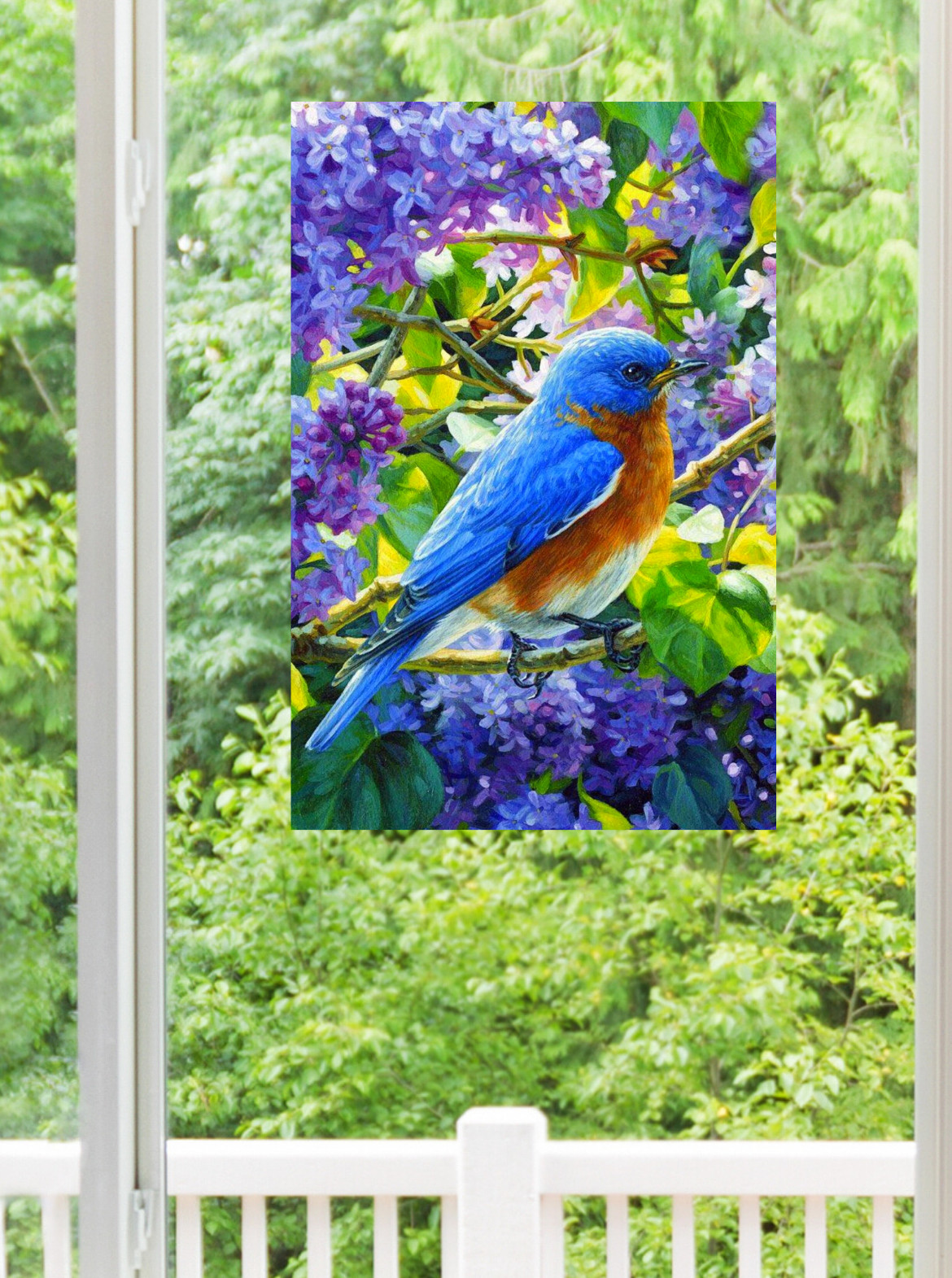 Bluebird on Branch with Lilac Flowers WINDOW CLING Size 10.6" Vinyl