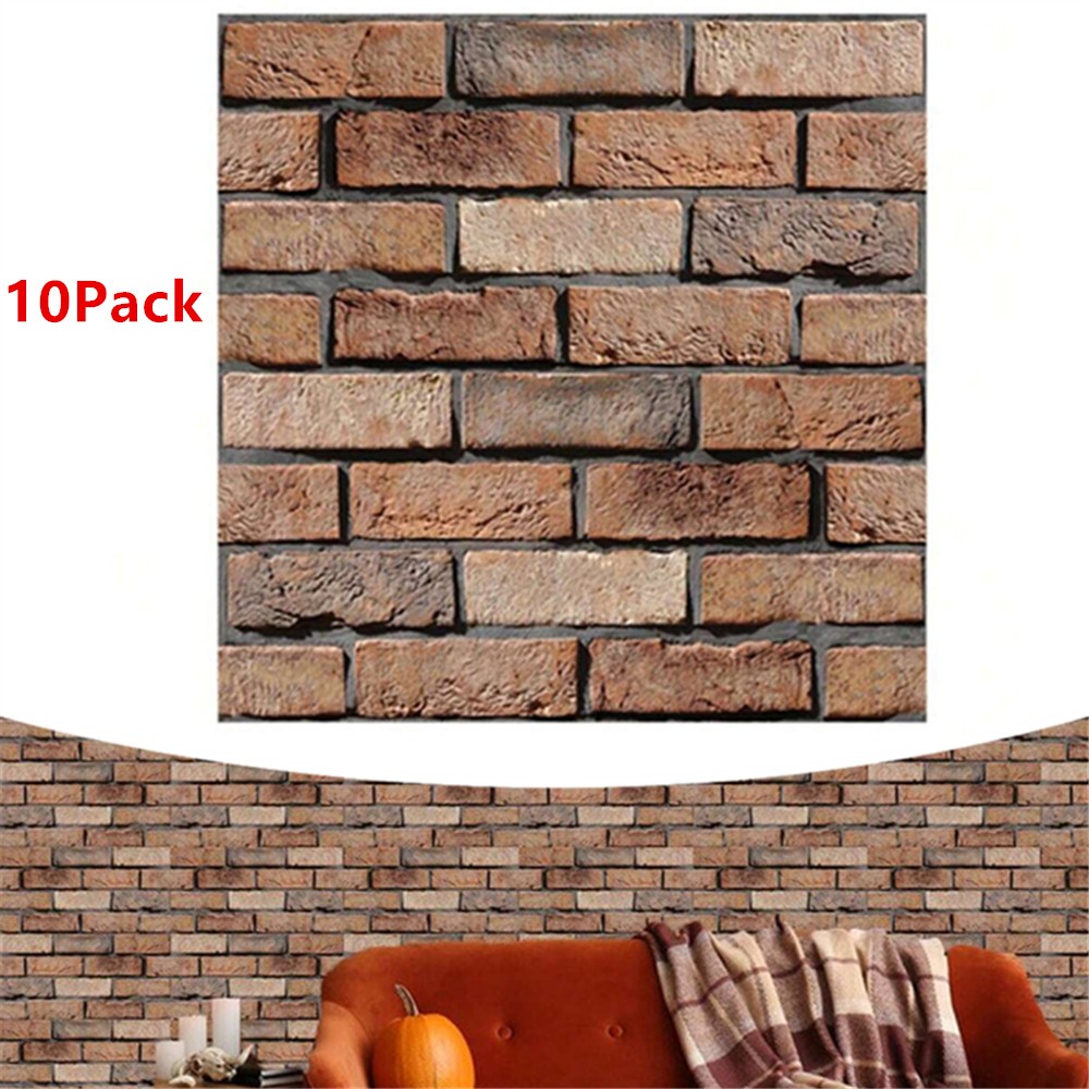 10Pack 3D Brick Wall Stickers Brown Self Adhesive Wallpaper For Background Decor
