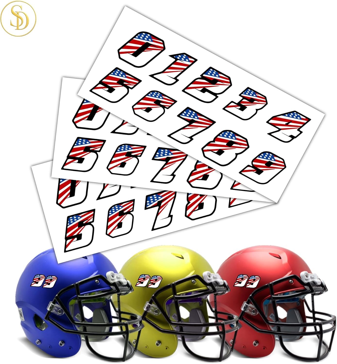 Patriotic American Flag Number Stickers for Helmets, Blue, Red, Black, White