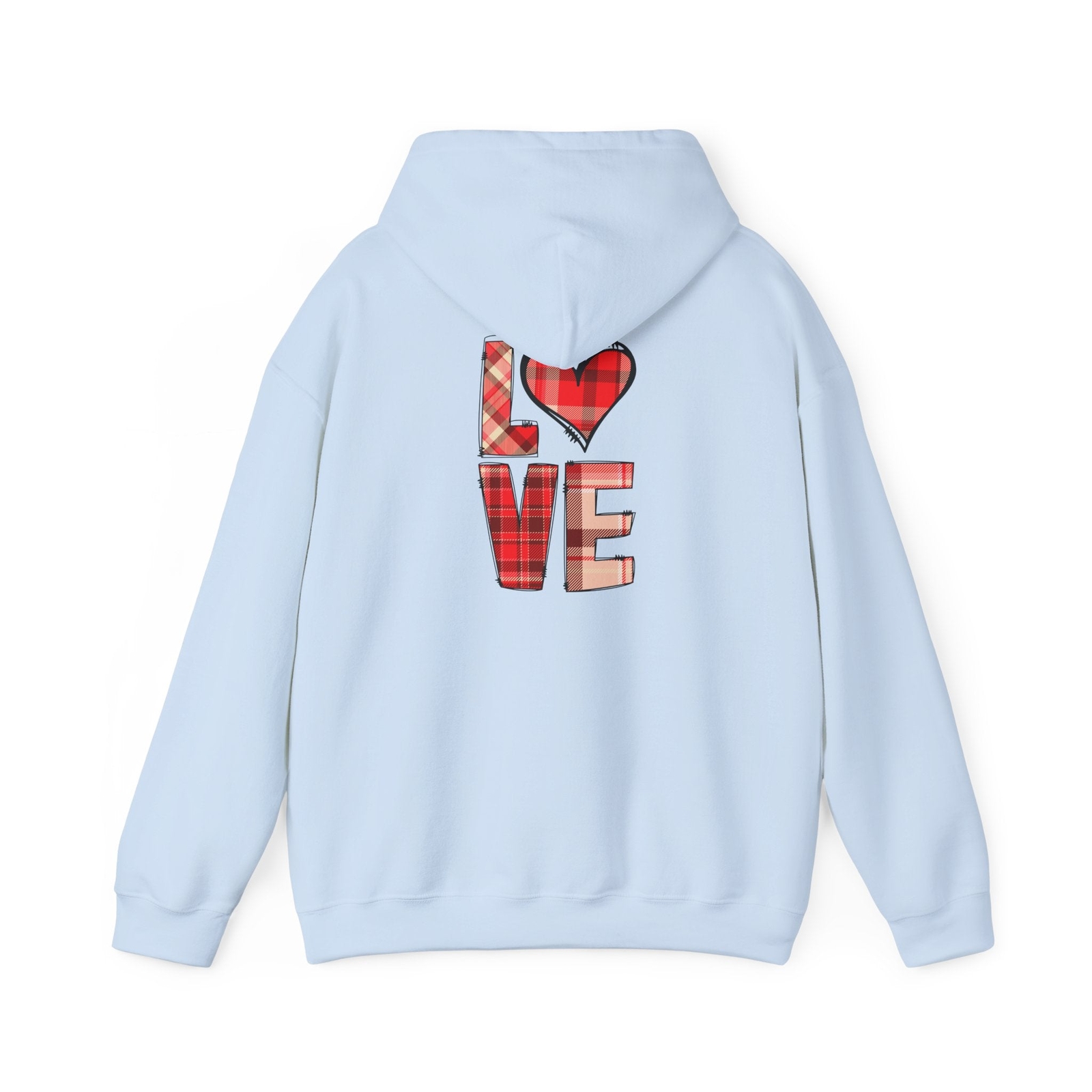 Love Hoodie with Plaid Heart on Front and Bold Love Design on Back