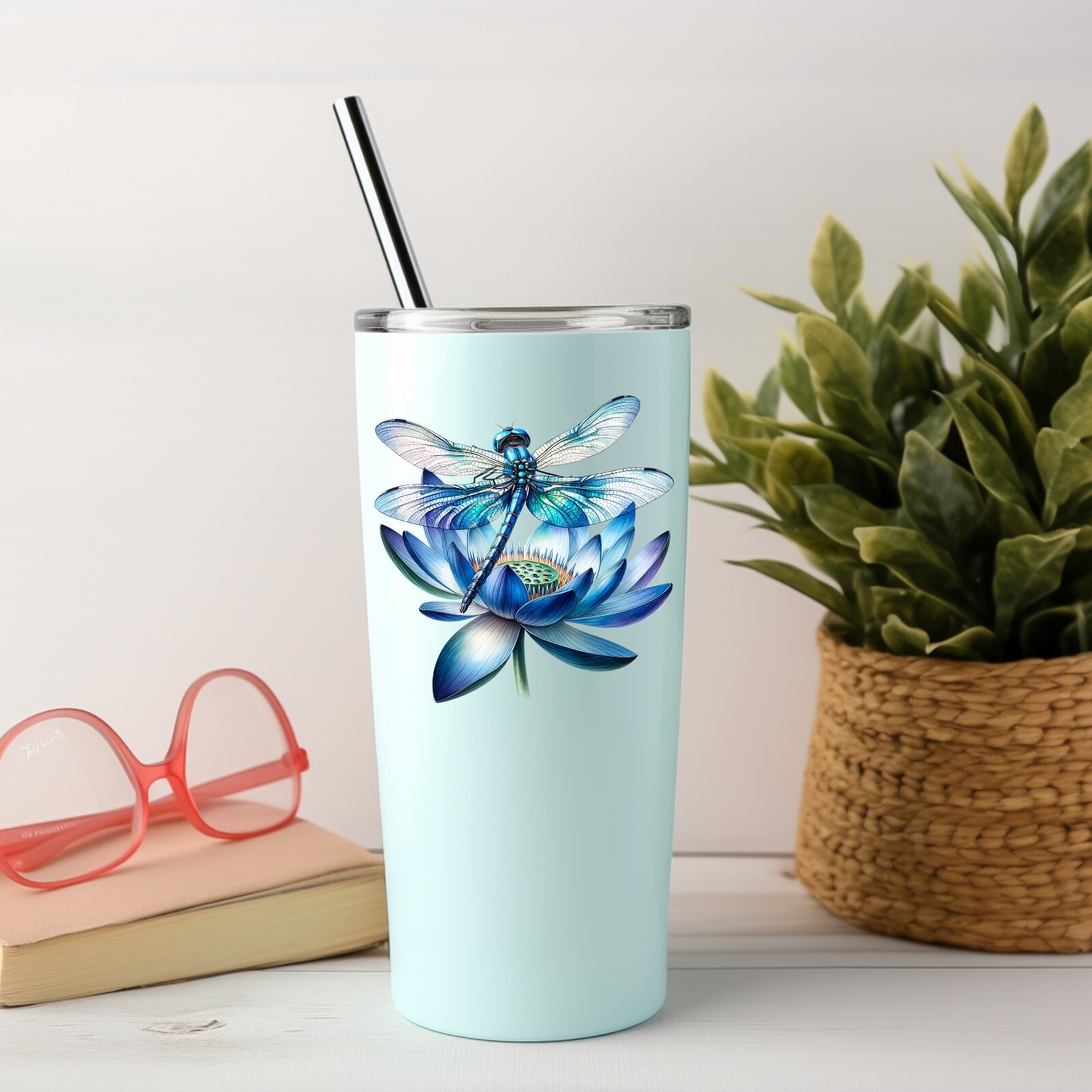 Blue Lotus and Dragonfly UV DTF Transparent Sticker / Decal