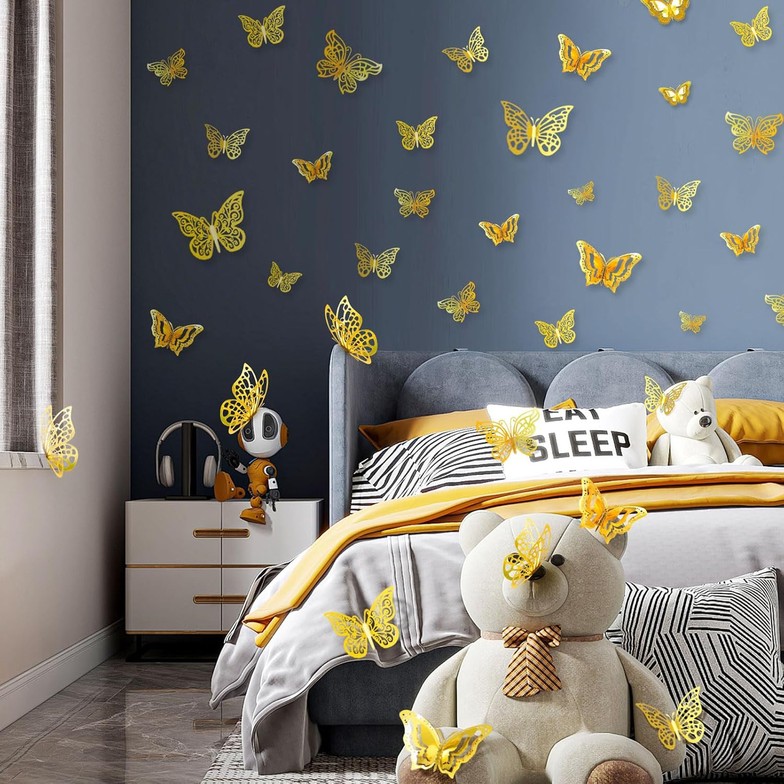 Butterfly Wall Decorations Set, 3D Metallic Stickers, 4 Styles, 3 Sizes, Gold