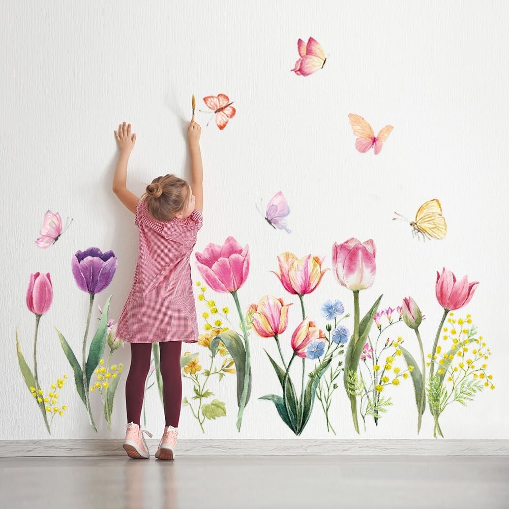 Tulip Flowers Wall Decals Floral Butterfly Wall Stickers Colorful Flowers Wal…