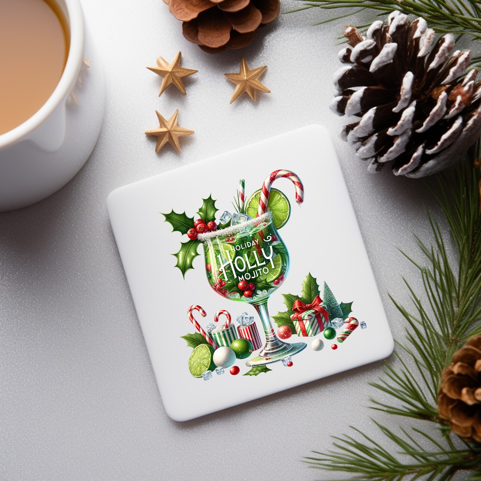 Christmas Holiday Holly Mojito UV DTF Transparent Sticker / Decal