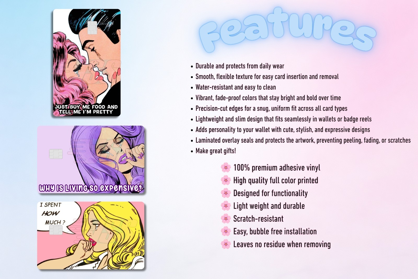 3‑Pack Comic Girl Inspire Card Skins –Vinyl Credit & Debit Card Covers | Durable