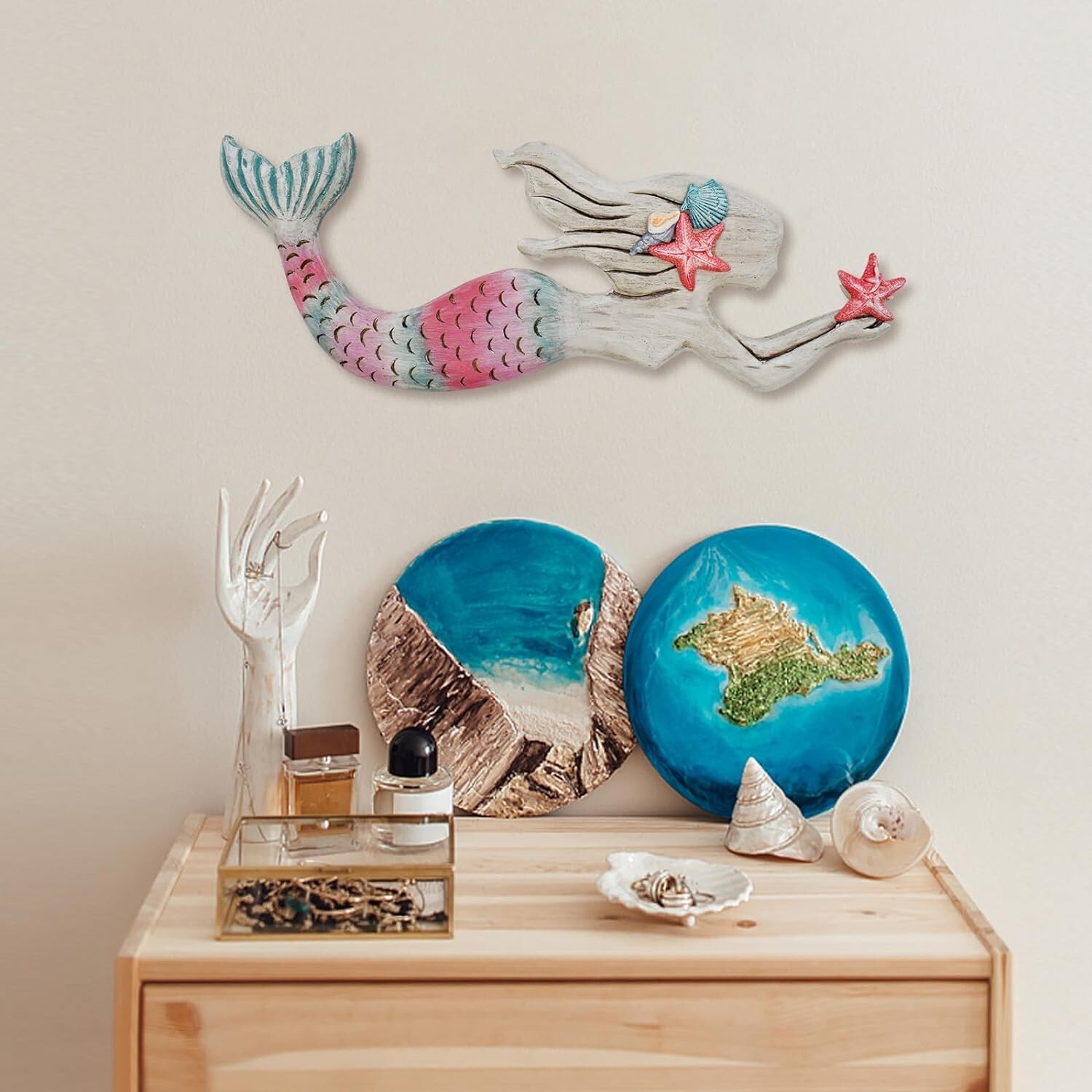 Nautical Decor Wood Hanging Mermaid Wall Art Coastal Decorations (A)
