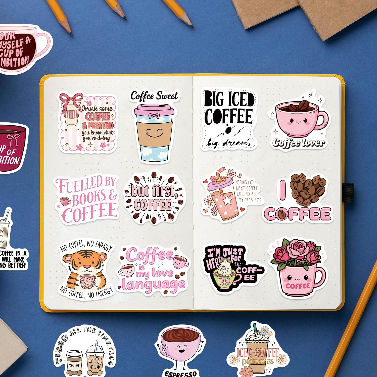 100PCS Funny Coffee Stickers, Waterproof Vinyl Decals for Water 1-3in, Pink
