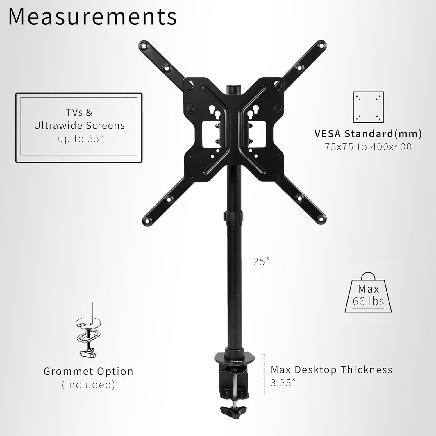 Ultra Wide TV Desk Mount for up to 55 inch Screens Weighing 66 lbs, Full Moti…