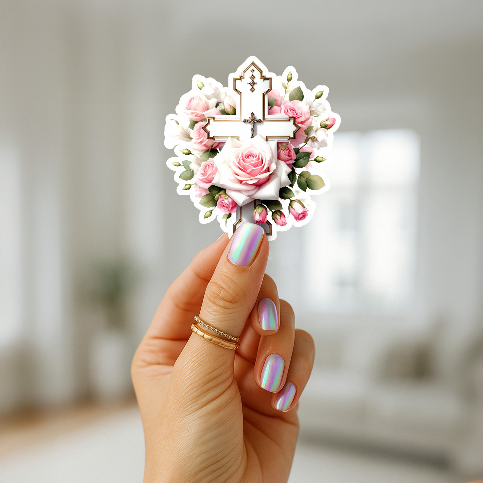Pink Roses & White Cross Christian Vinyl Sticker Waterproof Floral Glossy Decal