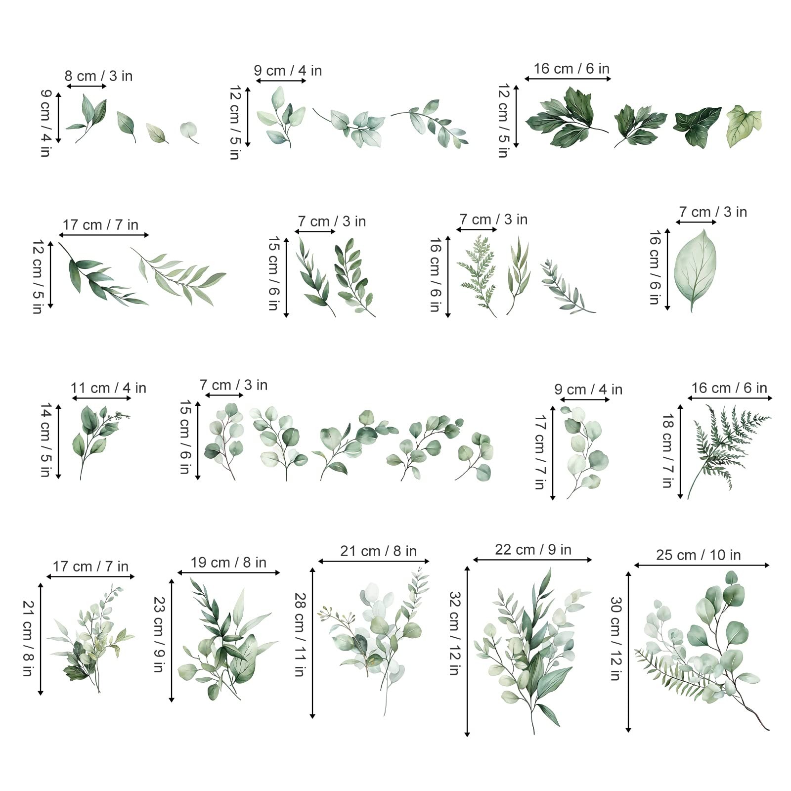 Botanical Green Leaves Wall Stickers Eucalyptus Leaf Plants Wall Art Decals B…