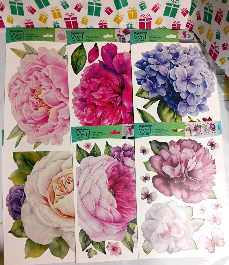 Wall Decal stickers Jumbo 10" Flowers. Rose + Pink. 6 sets Peel and stick floral