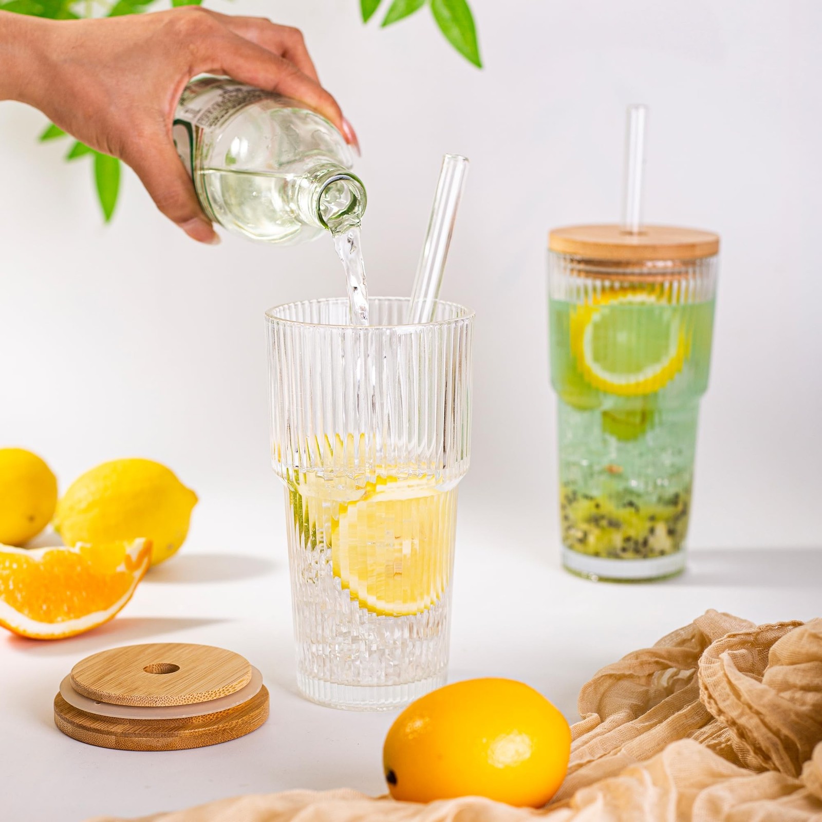 20 oz Ribbed Glass Tumblers with Bamboo Lids and Straws, 2 Pcs Wide Mouth Thi…