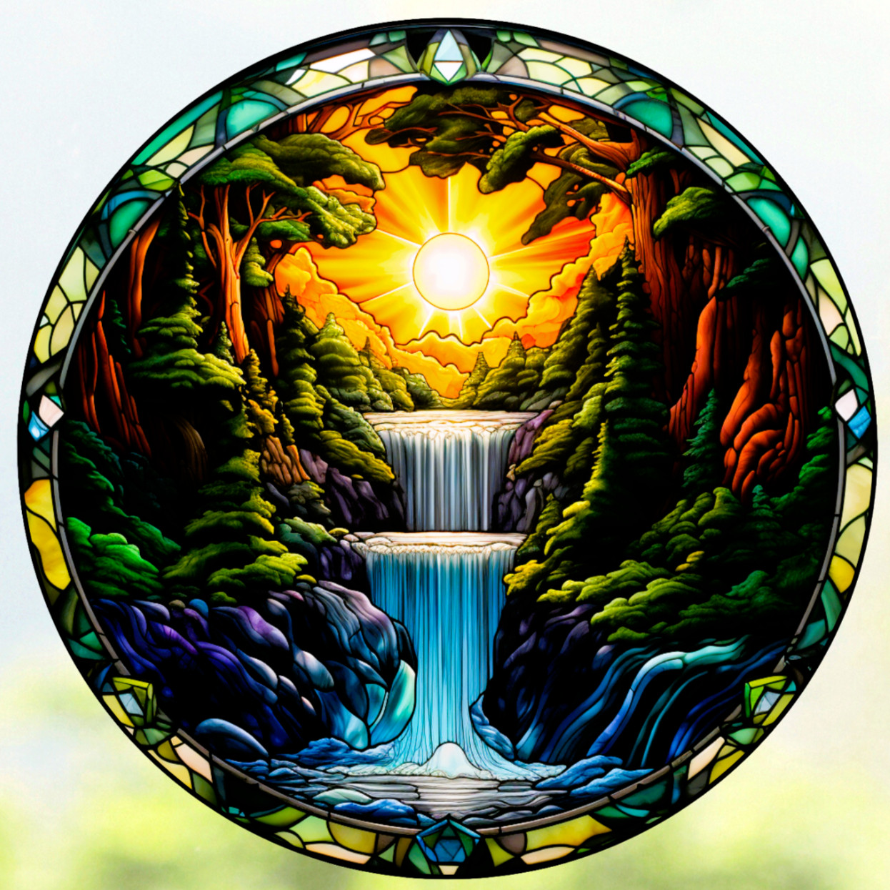 Scenic Waterfall at Sunset Faux Stained-Glass WINDOW CLING Size 8" Round Vinyl