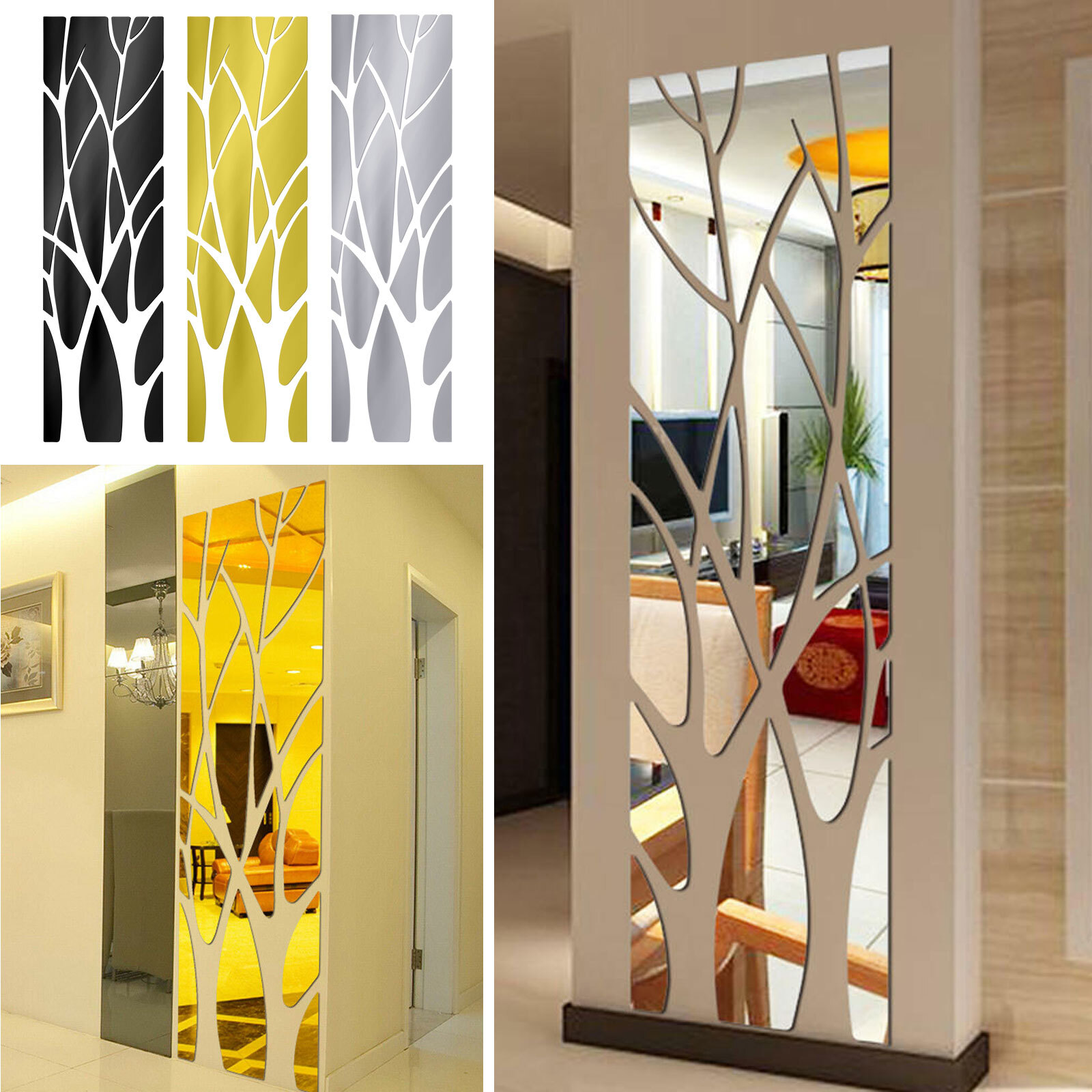 Acrylic Mirror Tree Wall Sticker 3D Modern Art Removable Decal for Home Decor