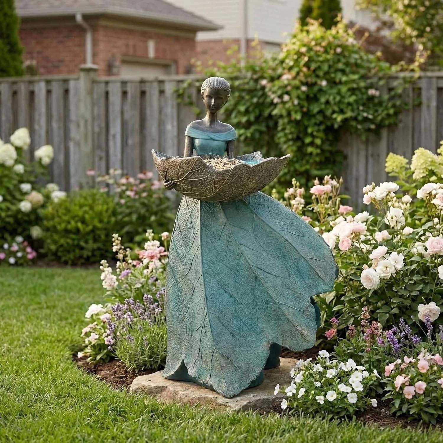 Fairy Garden Statues Bird Feeder – 12 Inch Resin Outdoor Fairy Statue for Garden