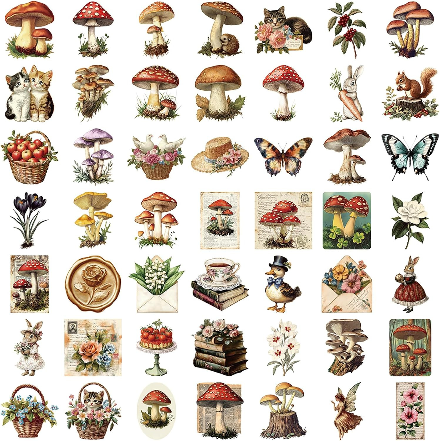 50PCS Vintage Mushroom Stickers PET Transparent Stickers Retro Flora and Fauna D
