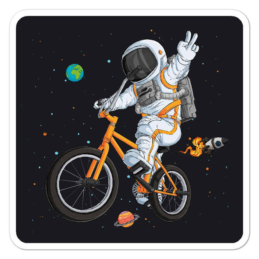 Astronaut Riding Bike, Vinyl Decal Sticker, Indoor Outdoor, 3 Sizes, #9034