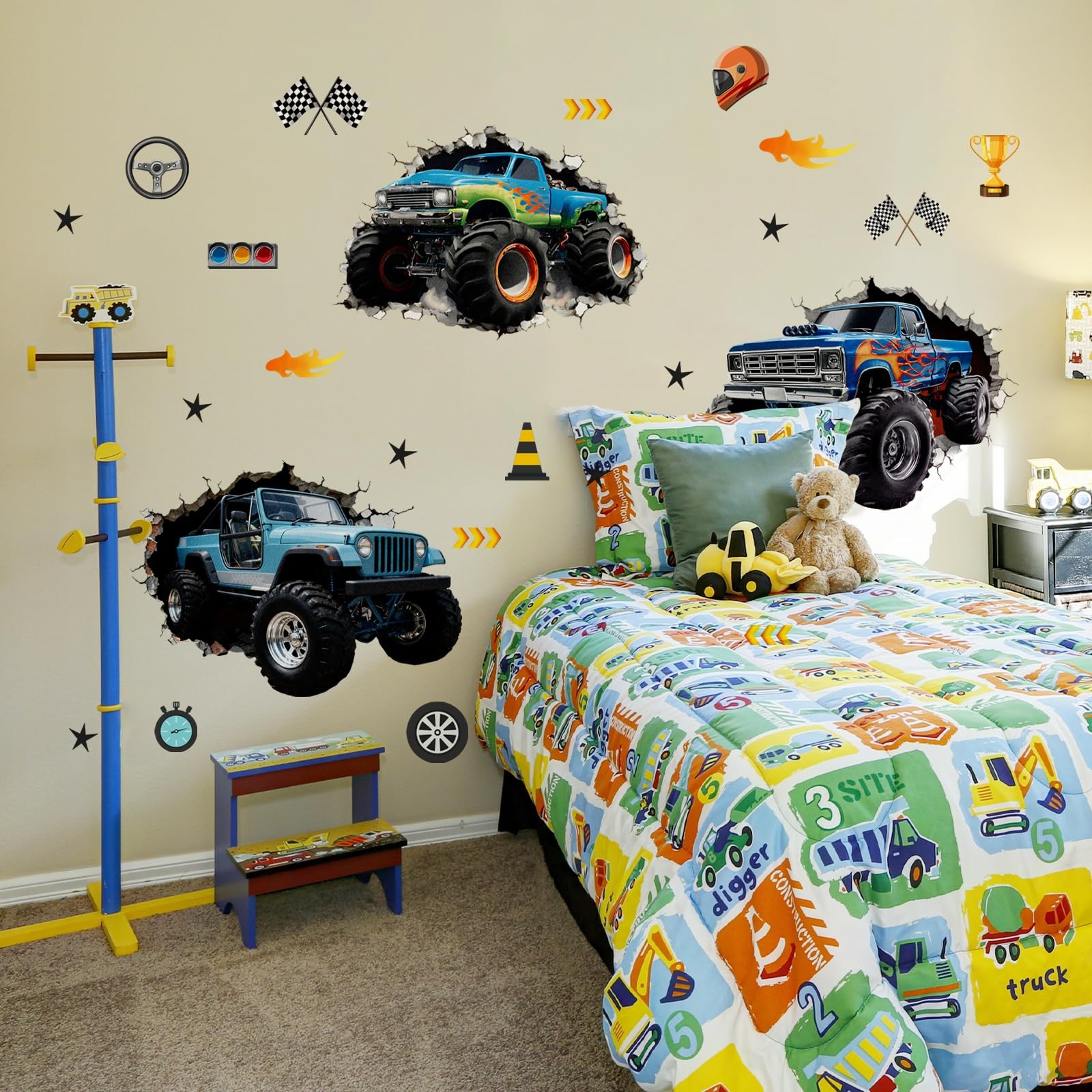 3D Monster Truck Wall Decal Trucks Break Through Wall Sticker Self Adhesive W…