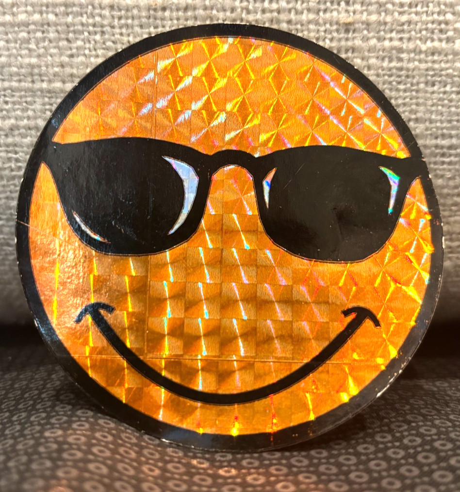 Vintage! Smiley Face with Black Sunglasses Sticker ~Orange Gold Prism Glitter 3"