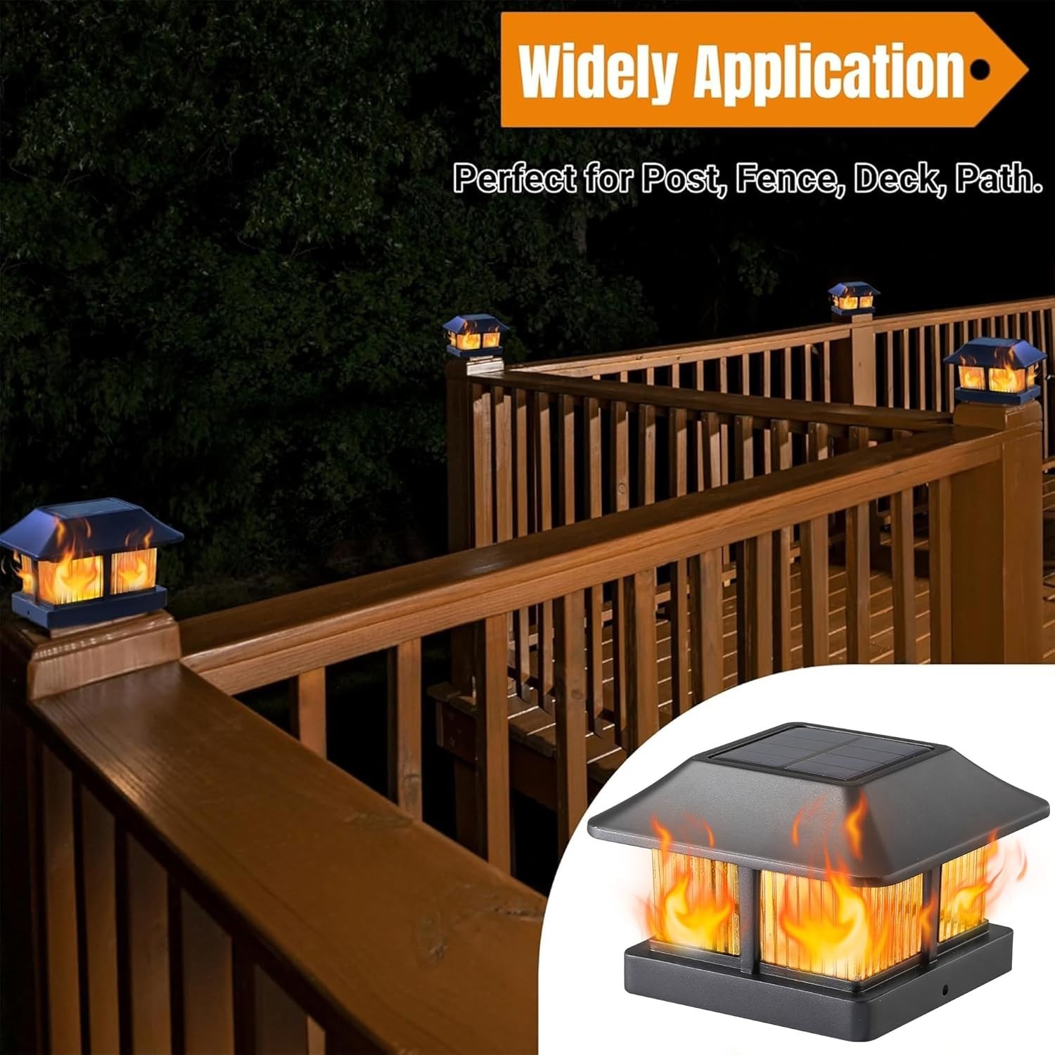 Solar Flame Post Cap Lights Outdoor, Solar Powered Fence Post Light, Flickering