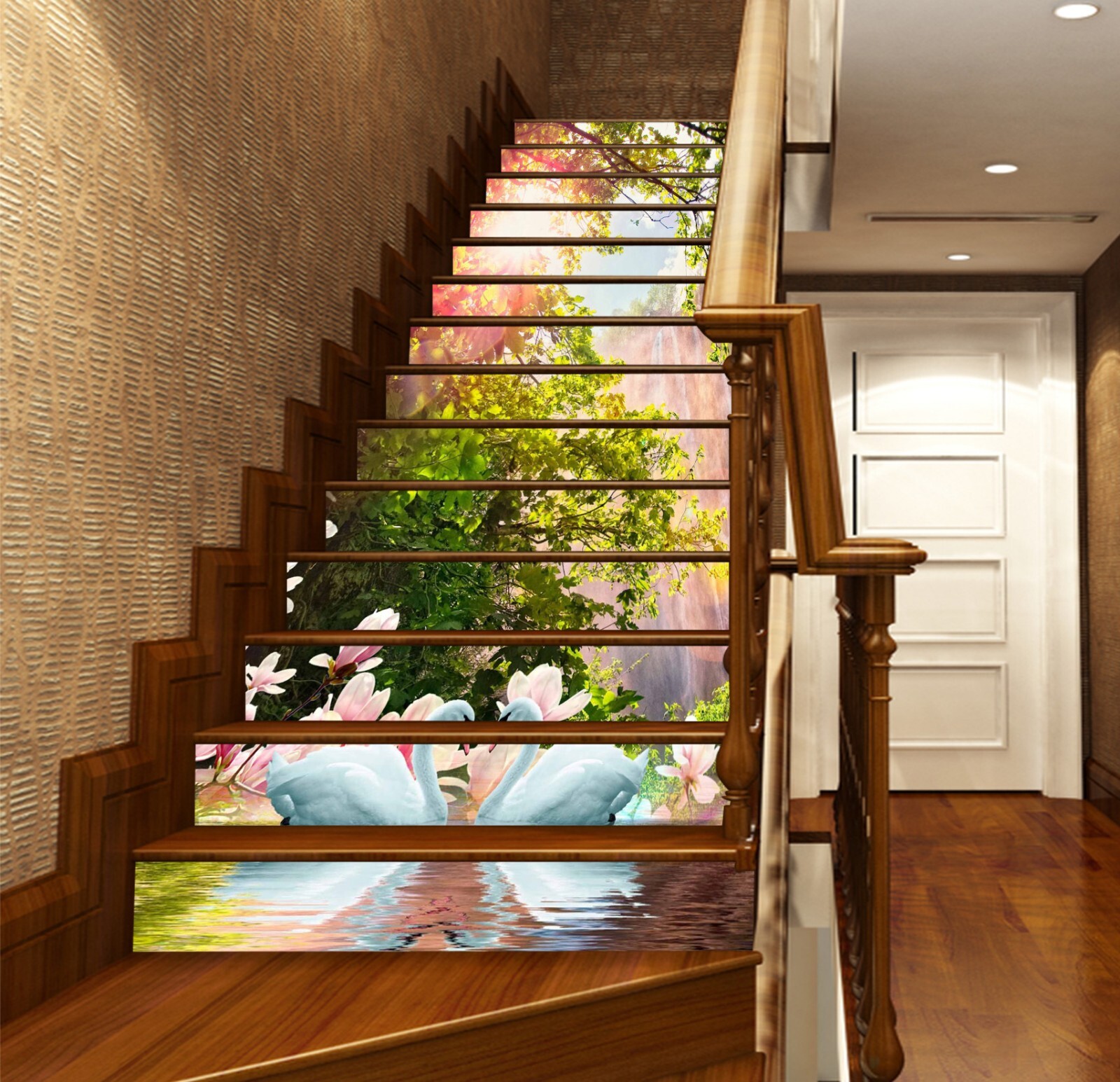 3D Tree White Swan AZ993 Stair Risers Decoration Mural Vinyl Wallpaper Kay