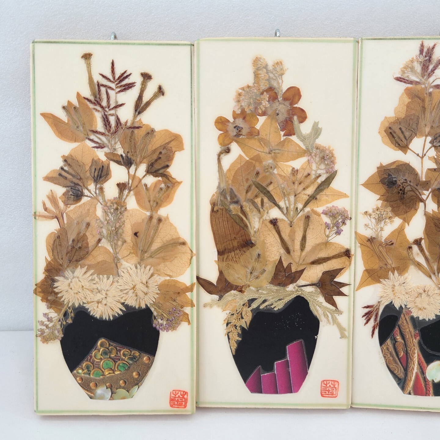 Set of 5 Asian Pressed Flower Art Panels Botanical Oshibana Style Wall Hanging