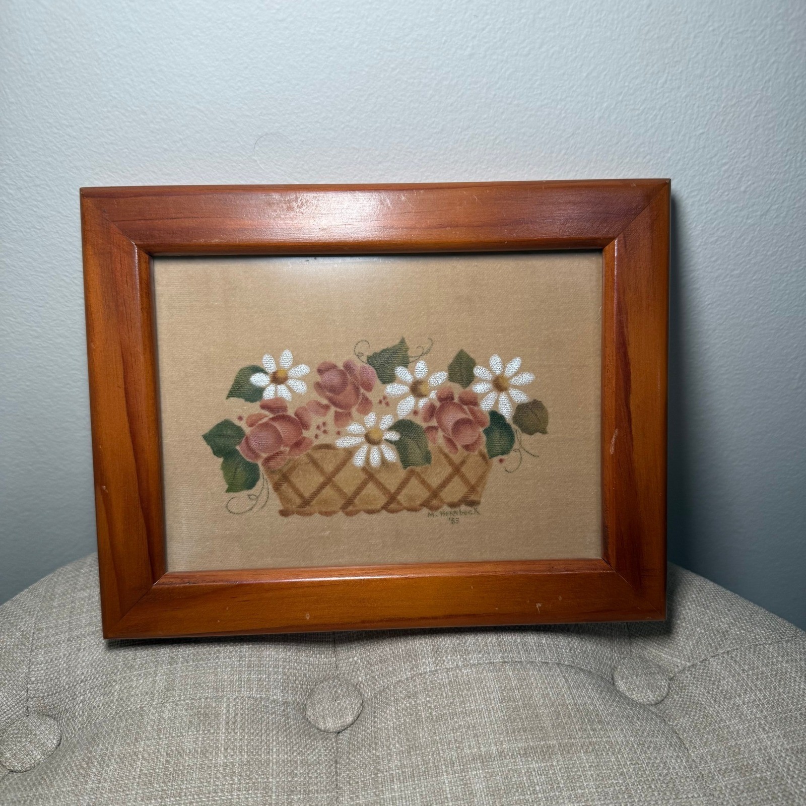 Vintage 1983 Theorem Painting Folk Art Roses Daisies Basket Signed M Hornbeck
