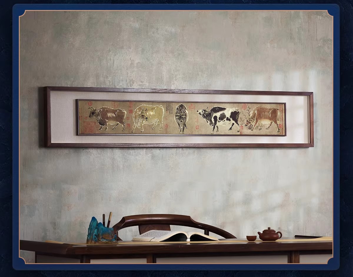 Handmade Bronze Sculpture Painting Five Oxen Chinese Style Decorative Wall Art