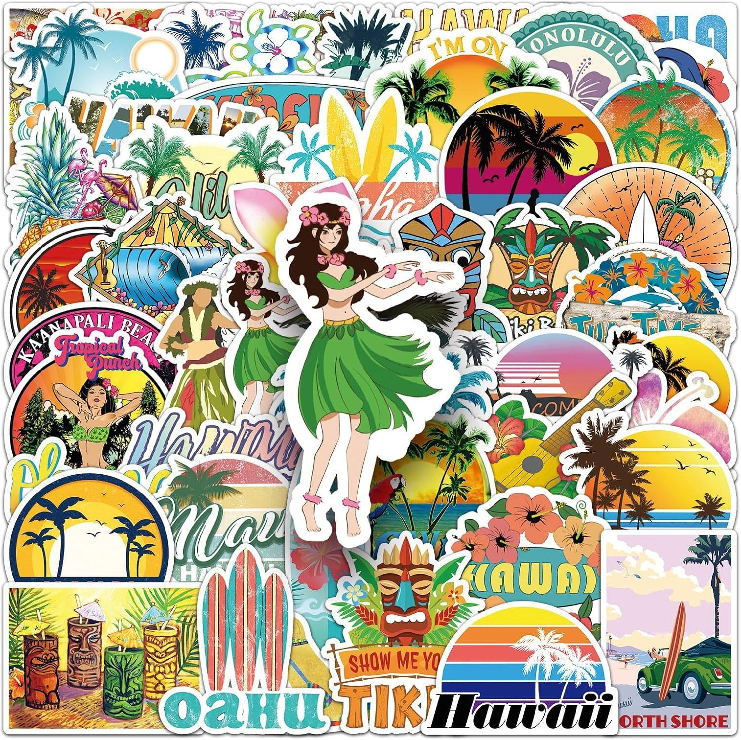 50Pcs Hawaiian Scenery Stickers – Tropical Style Creative Decor
