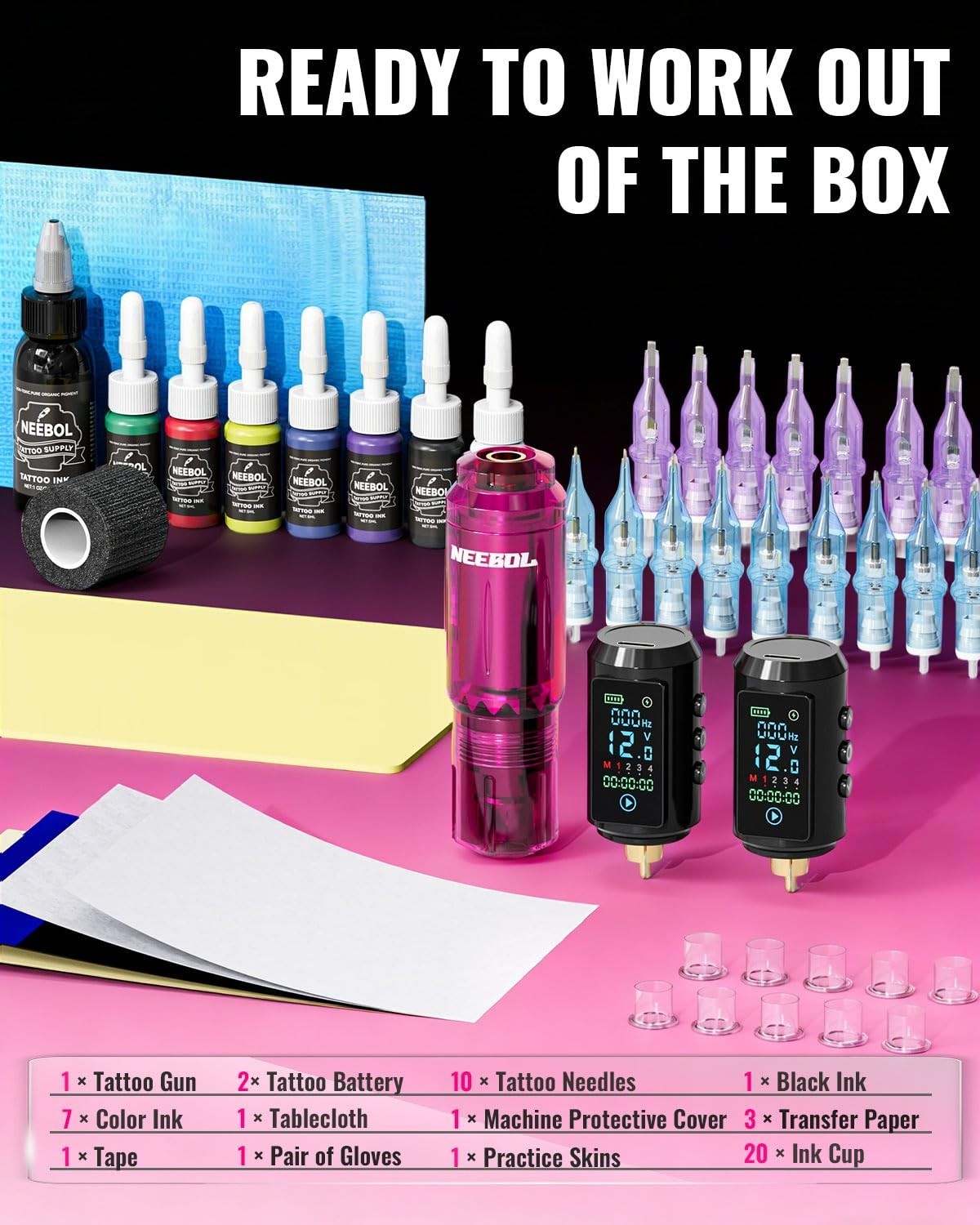 Tattoo Gun Kit – Wireless Machine with 2 Batteries, Standard, Pink