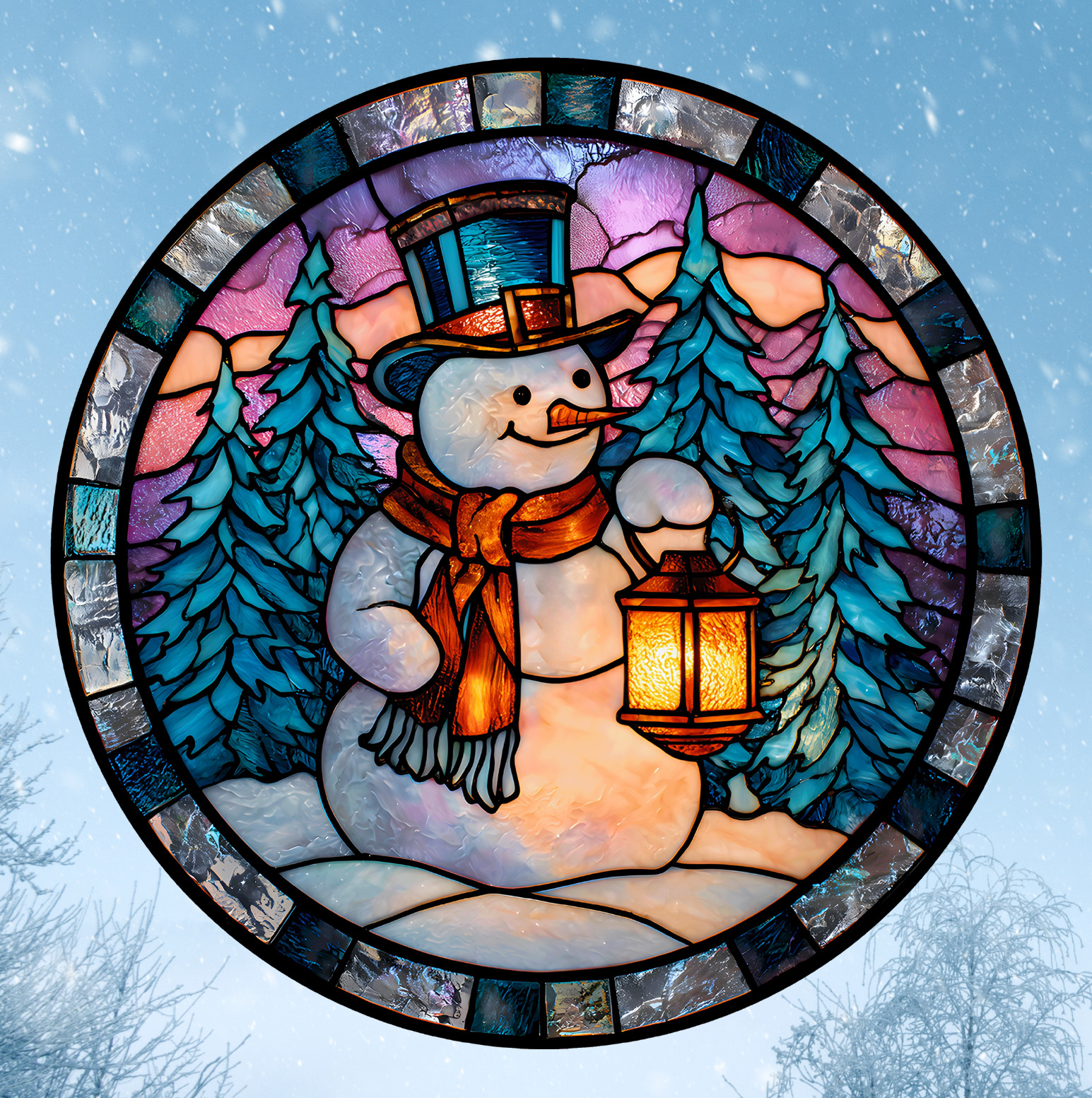 Snowman Faux Stained-Glass WINDOW CLING Sun-catcher Size 8" Round Vinyl