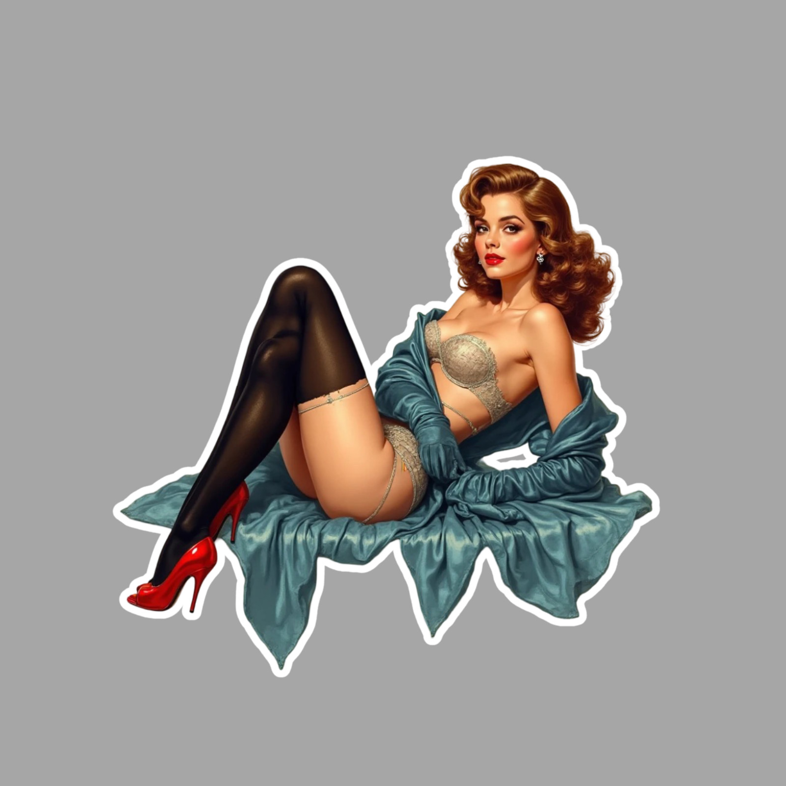 Vintage pinup girl sticker vinyl decal lingerie red high heels brown hair cute