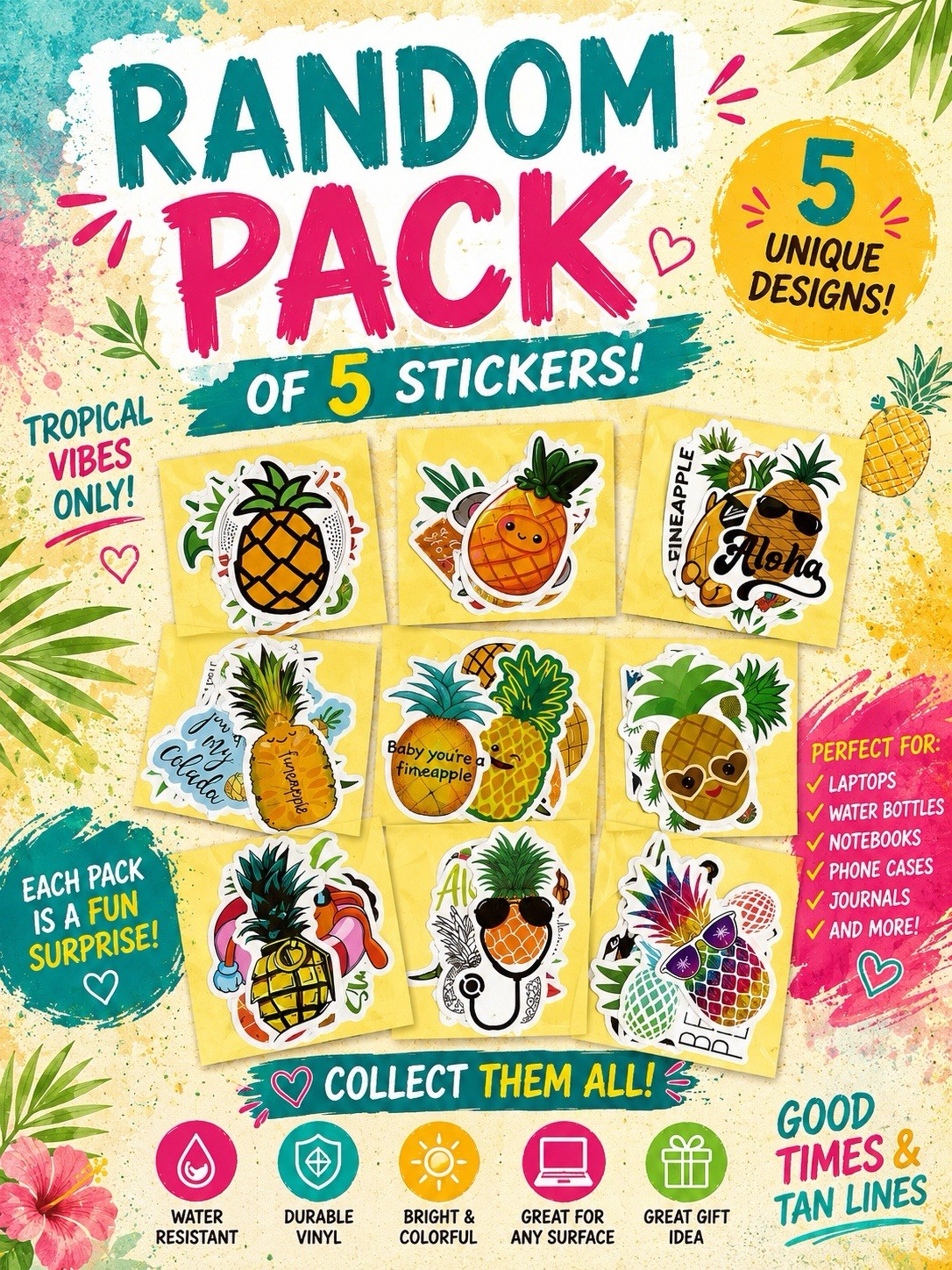 Random Pack of 5 Pineapple Stickers Tropical Fruit Vinyl Decals Aloha Summer
