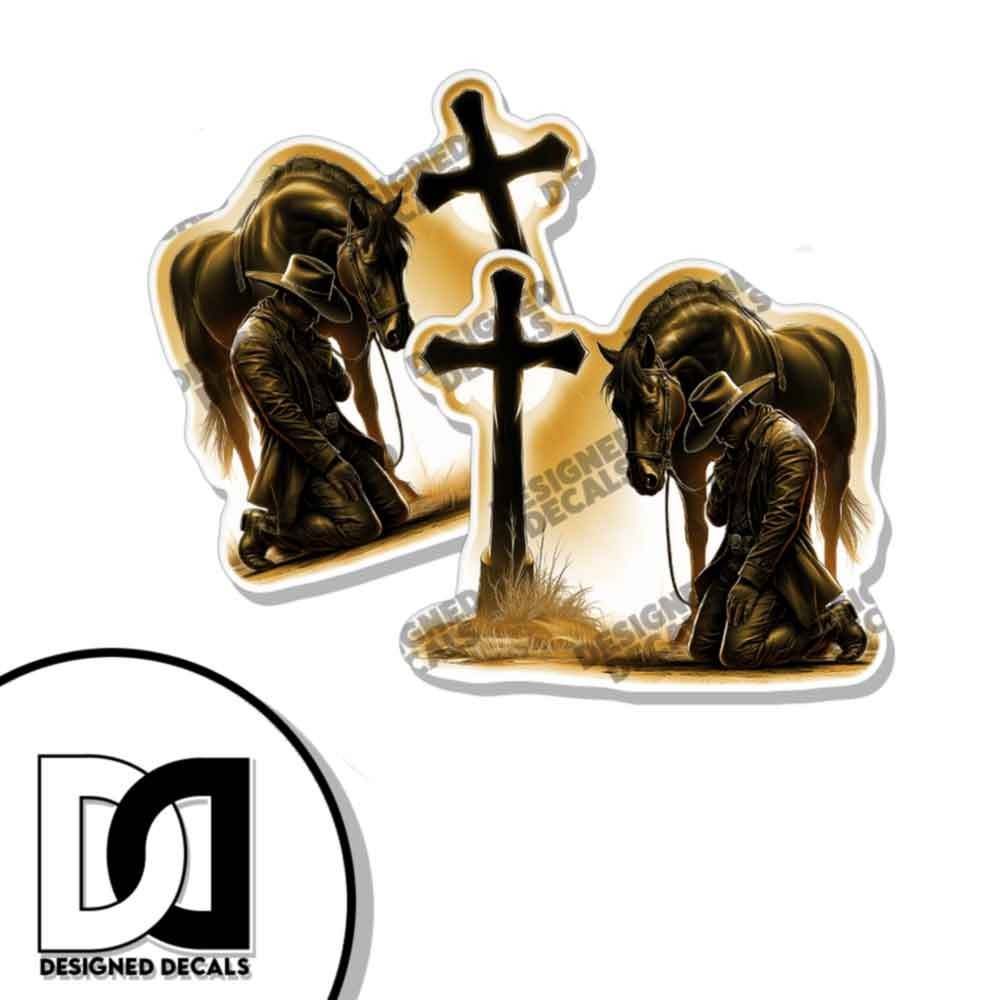 Praying Cowboy Cross Horse Forgiven Rustic TAN Car Truck Window STICKERS 2 PACK