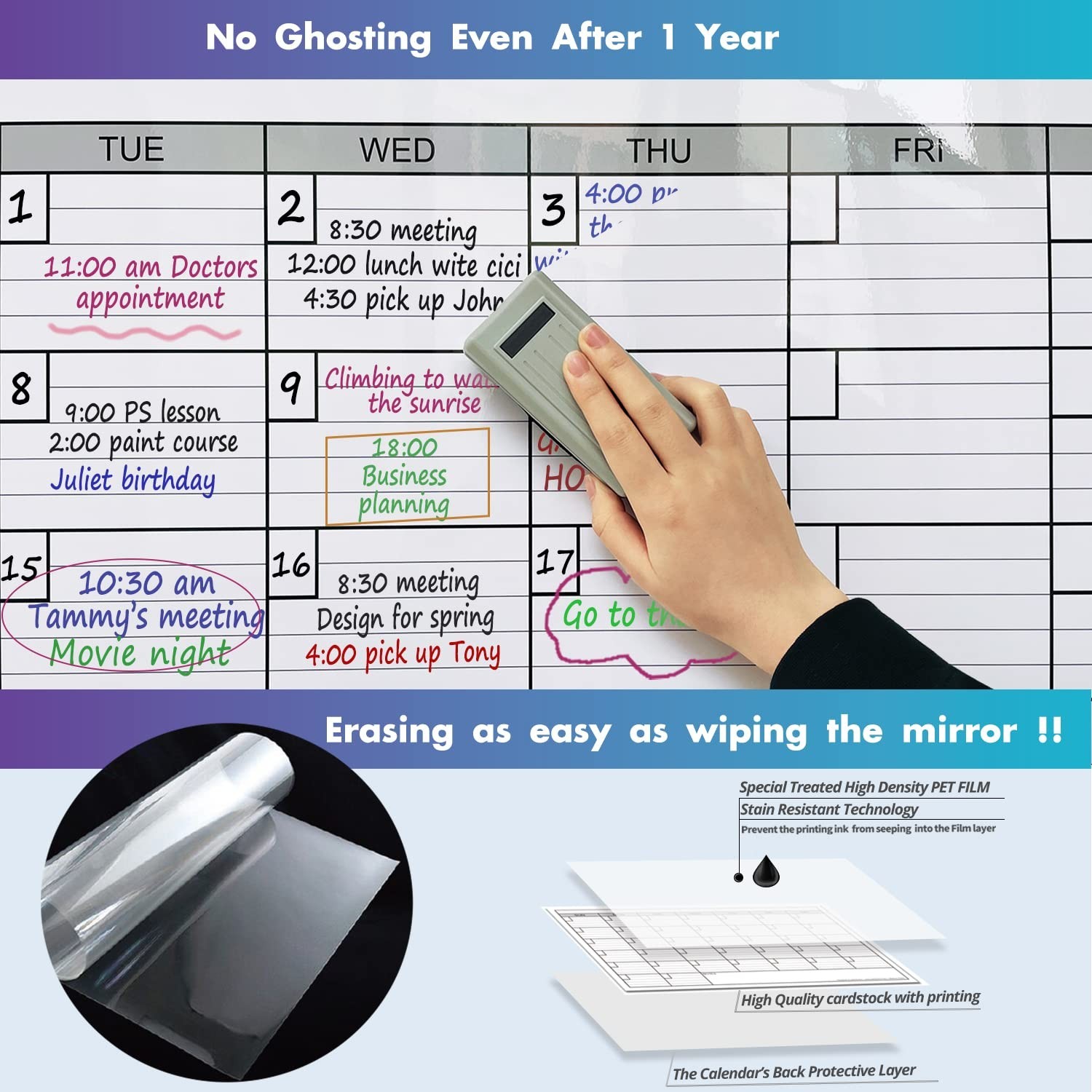 Dry Erase Monthly Extra Large White board Calendar for Wall, 25" by 38", Jumb…