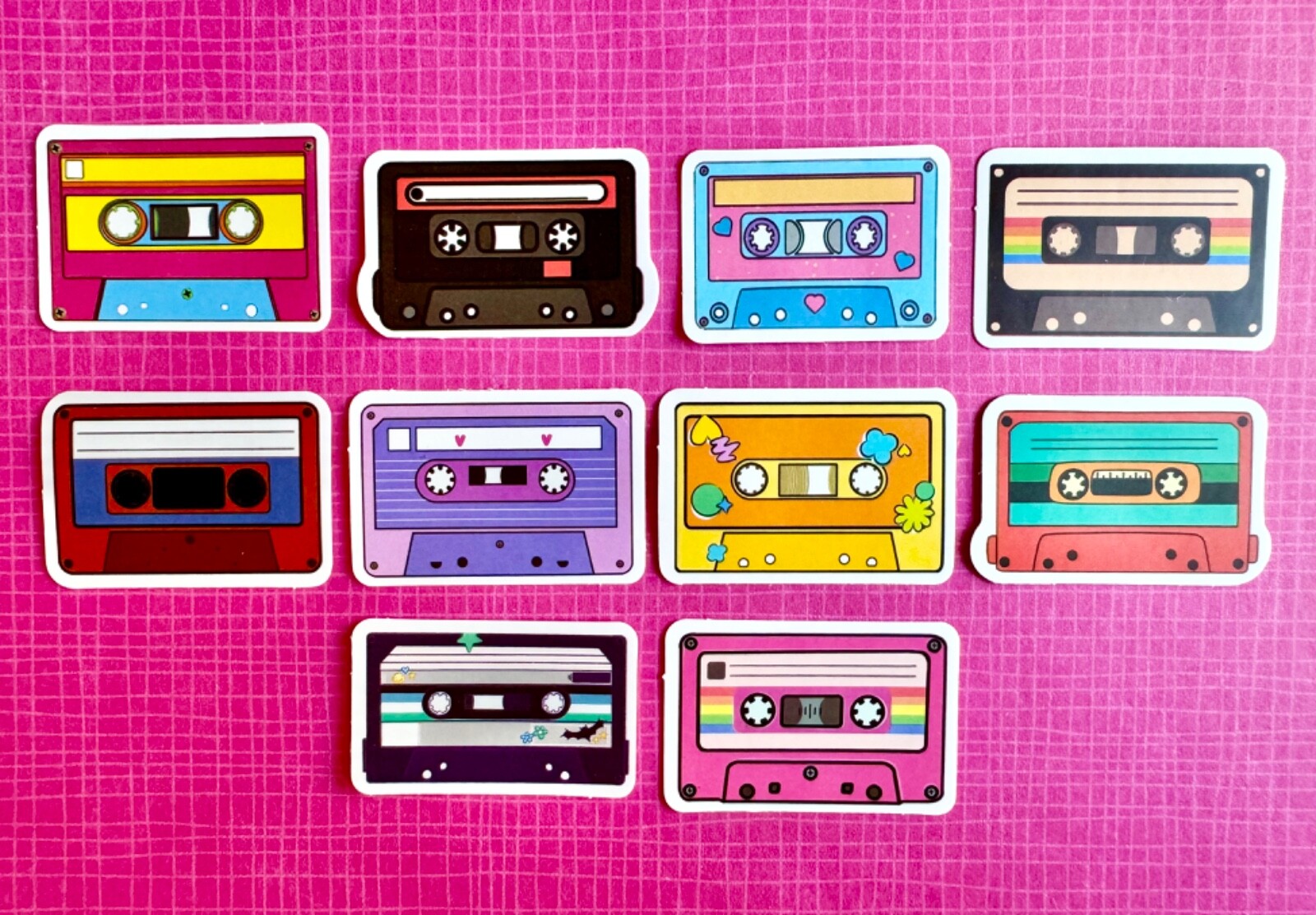 New 80s Style Mini Cassette Tape Waterproof Stickers Set of 10 – 1.75” x 1.25”