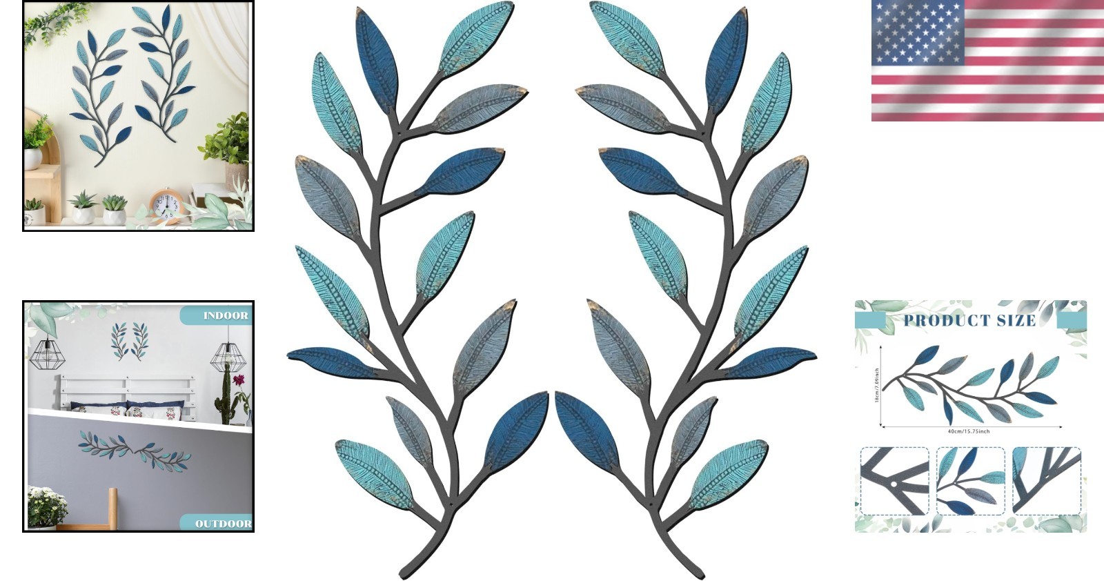 Stylish Vintage Blue Olive Branch Wall Art Set – 2 Durable Metal Pieces