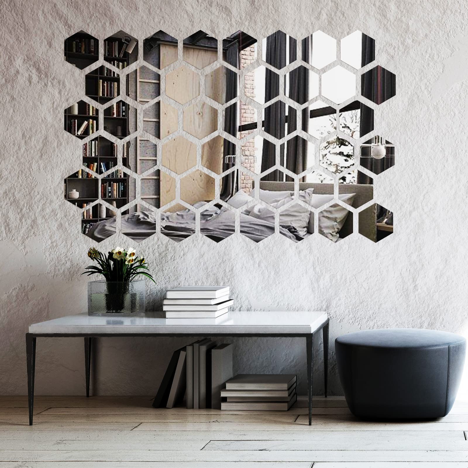 48 Piece Acrylic Hexagon Mirror Wall Stickers for DIY Home Decoration