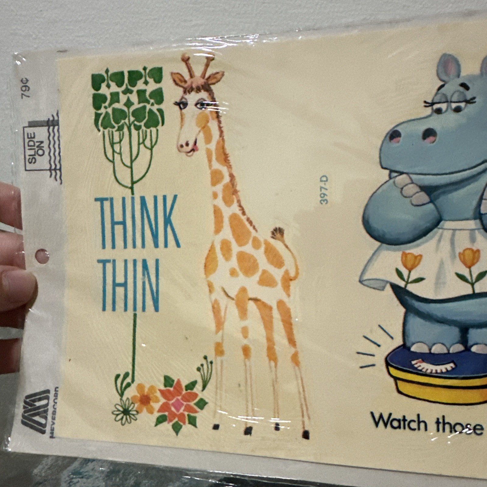 Vintage Meyercord Decal Retro Diet Culture Think Thin Hippo Giraffe
