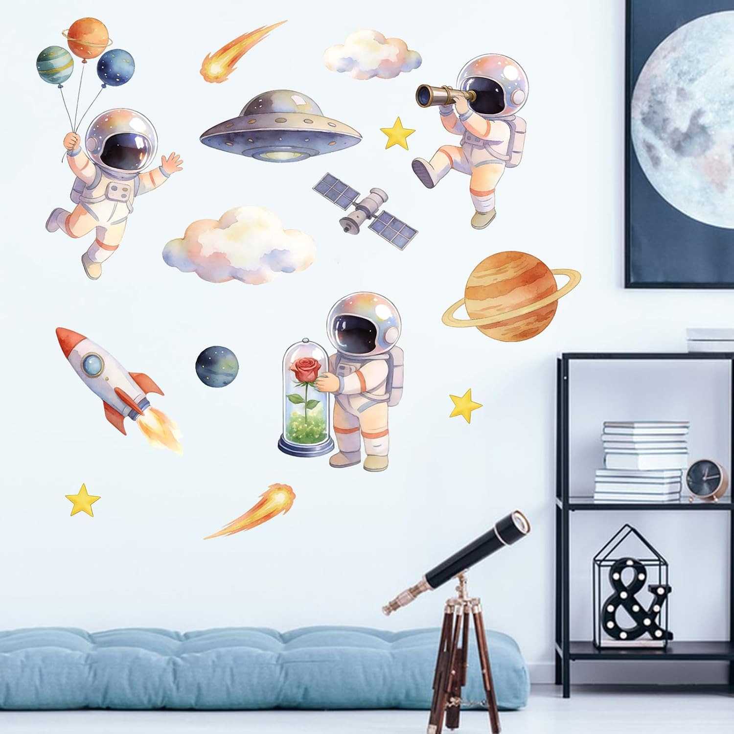Watercolor Outer Space Astronaut Wall Decals Stickers, Galaxy | Planets Rocket S