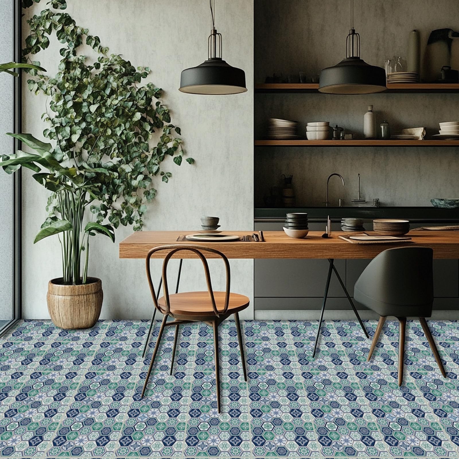 18 Pcs Blue and Green Geometric Patten Tile Sticker 6×6 Inch Bohemian Graphic…
